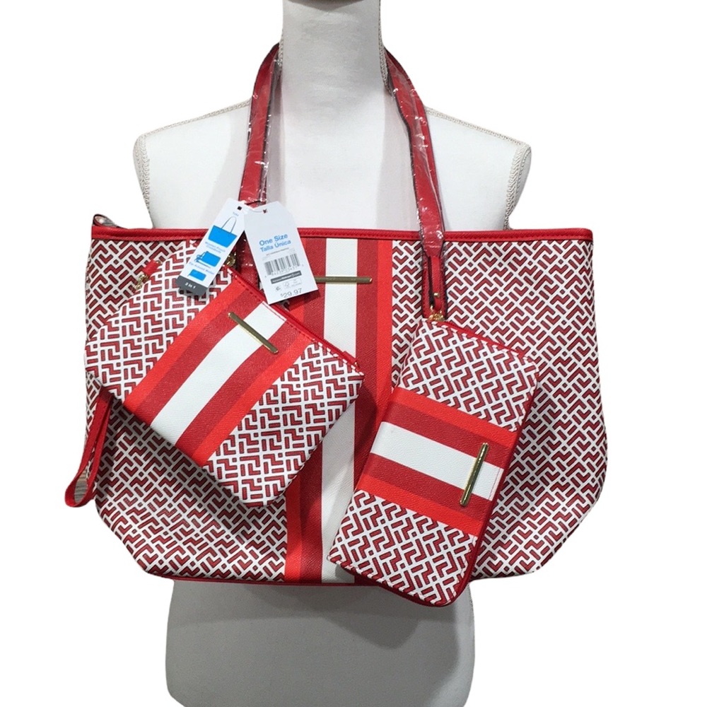 New With Tag Time & Tru 3 pc set Red & White Tote, Wristlet & Wallet